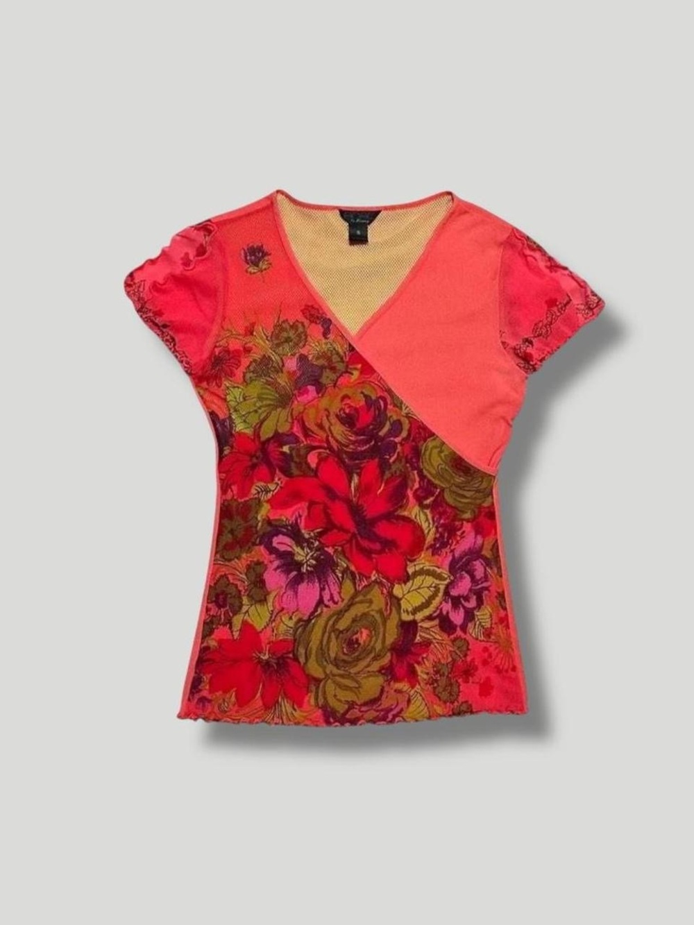 ANAC By Kimmy 2000s Y2K Pink Mesh Floral Graphic Faux Wrap Short Sleeve Top Sm
